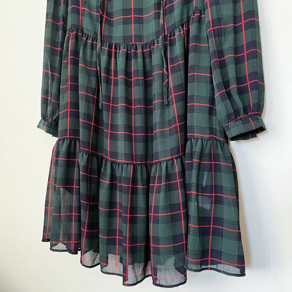 J.Crew Tie-Neck Tiered Dress Black Watch Tartan Plaid XXS Red Green Holiday - Picture 5 of 12